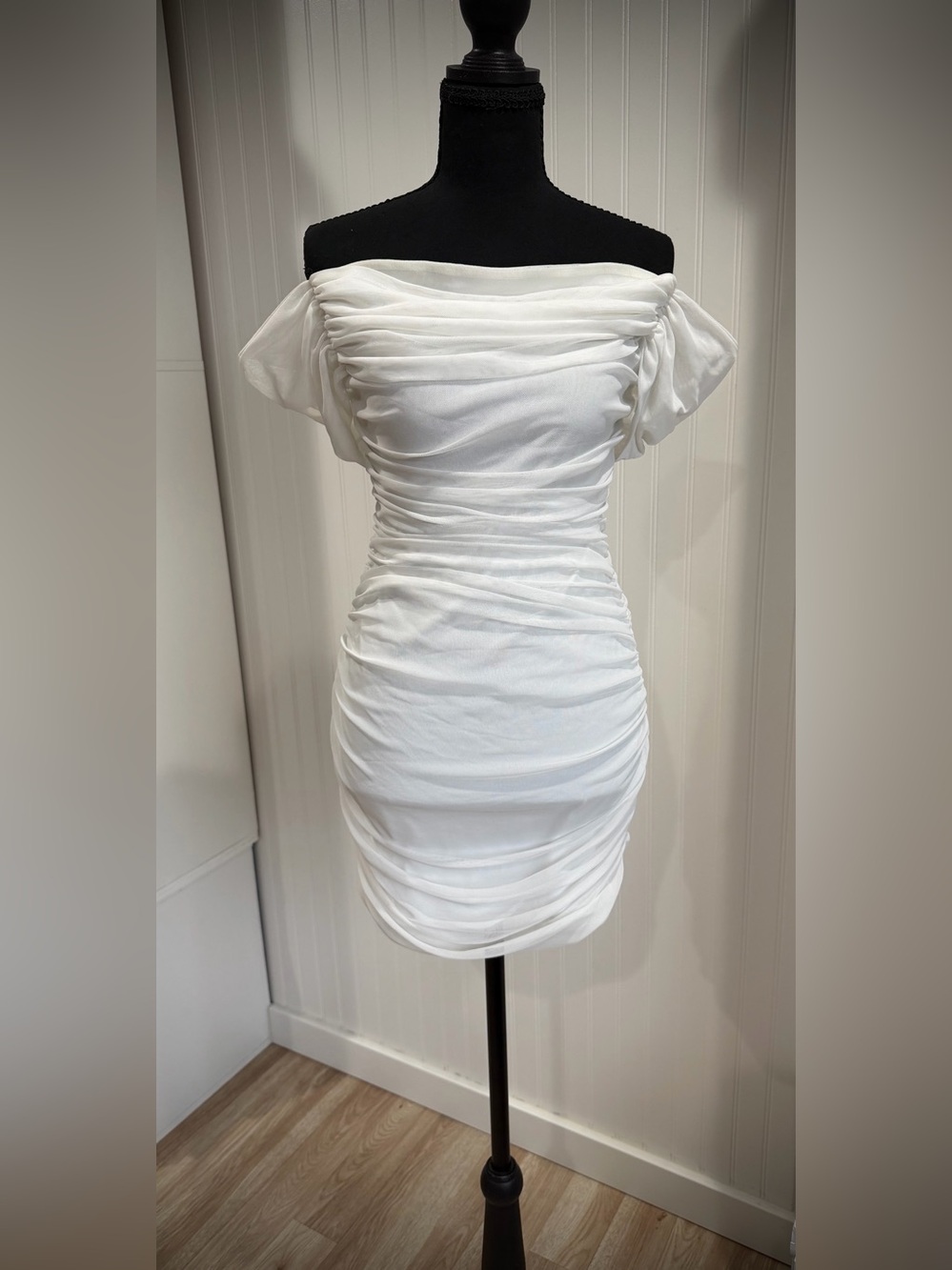 SHEIN White Off-Shoulder Ruched Bodycon Mini Dress